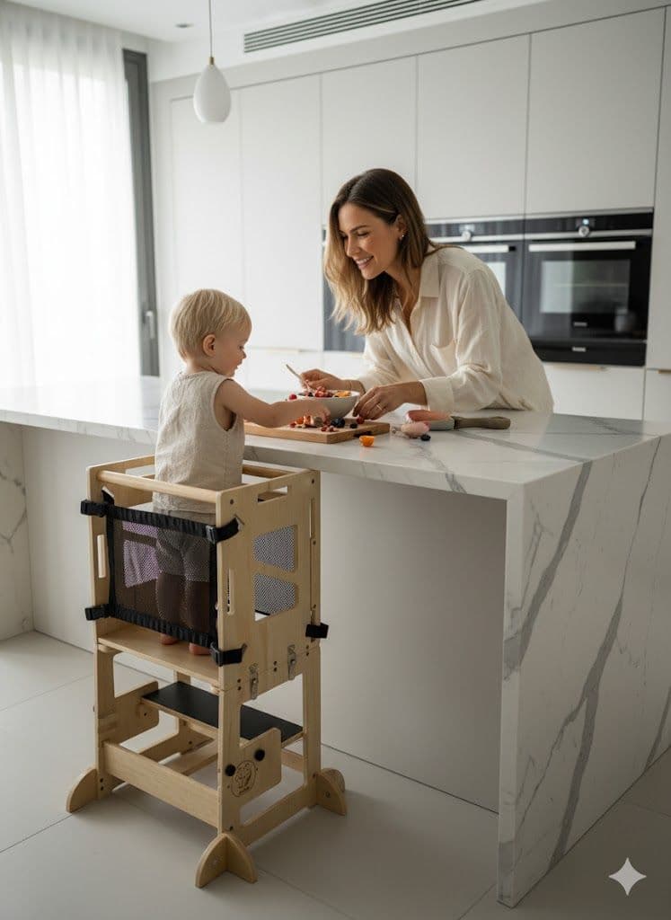 Enfant debout à hauteur du plan de travail, en train de cuisiner auprès d'un adulte