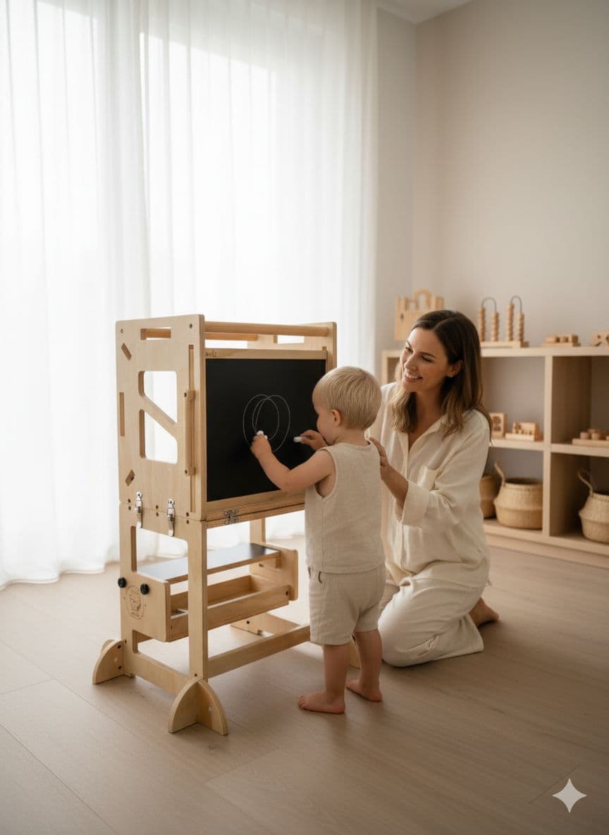 La VersaTower transformée en chevalet dans une pièce de vie lumineuse : un tout-petit dessine au tableau noir, un parent agenouillé à ses côtés